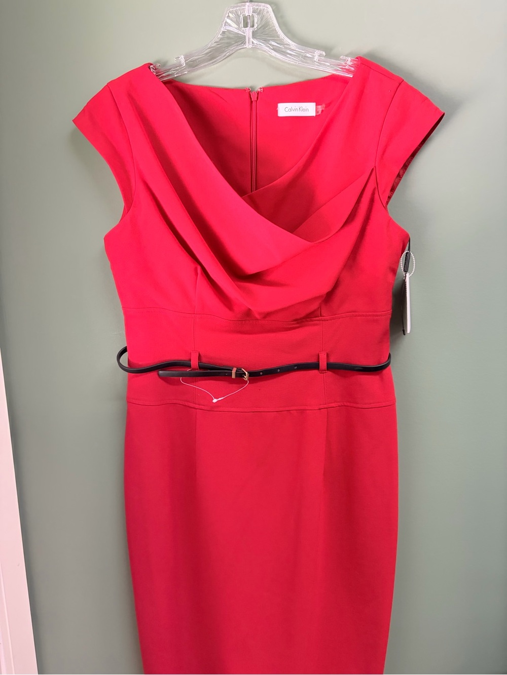 Calvin Klein Hot Pink Draped Neck Sheath Dress with Black Belt